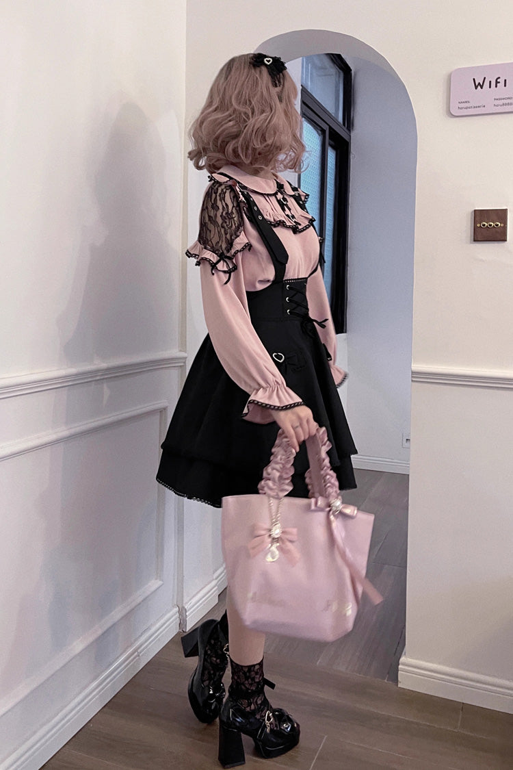 Black Ruffle Bowknot Sweet Jirai Kei Princess Strap Dress - Product - 3