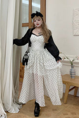 Black/White Square Collar Sleeveless Polka Dot Printed Ruffled Lace Sweet Plus Size Lolita Jsk Dress - Product - 7
