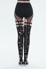 Black Elastic Asymmetrical Hole Knit Stitching Mesh Women's Punk Leggings - Product - 4
