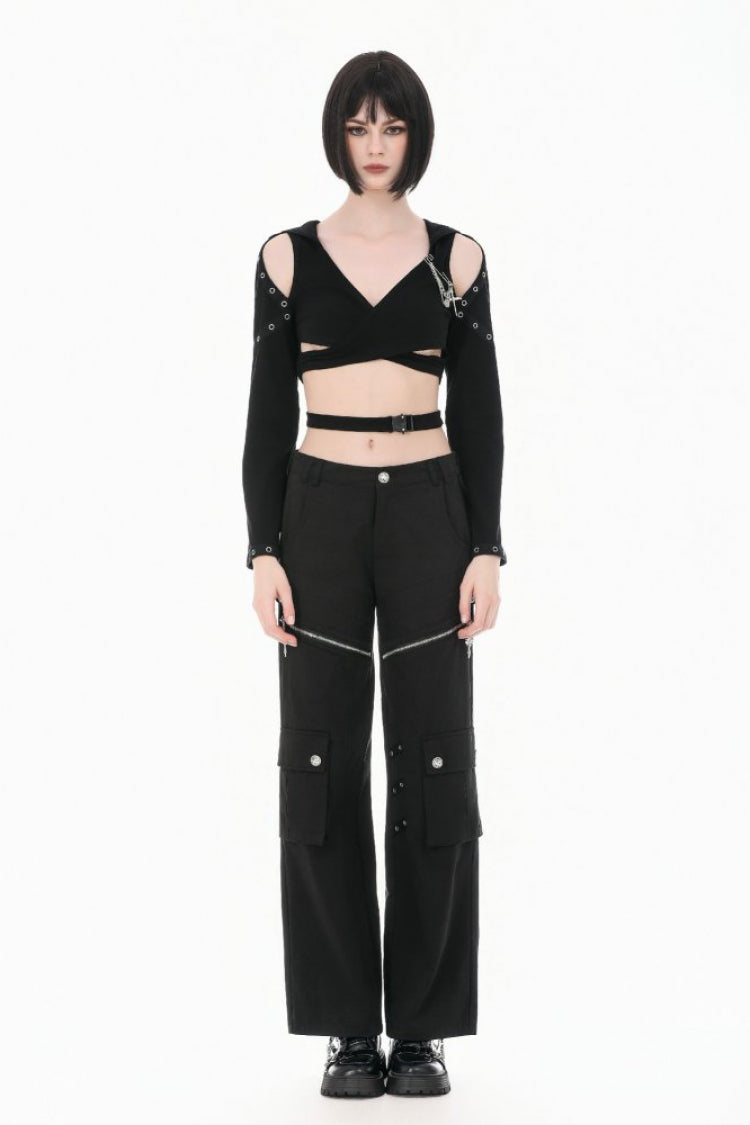 Black Women's Punk Big Pocket Cross Zippered Eyelet Cargo Pants - Product - 6