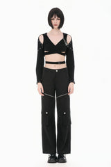 Black Women's Punk Big Pocket Cross Zippered Eyelet Cargo Pants - Product - 6