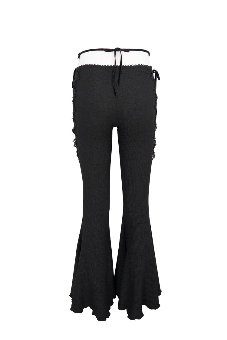 Black Low-Rise Lace Gem-Embellished Bilateral Lace-Up Cutout Flared Women's Gothic Pants - Product - 9