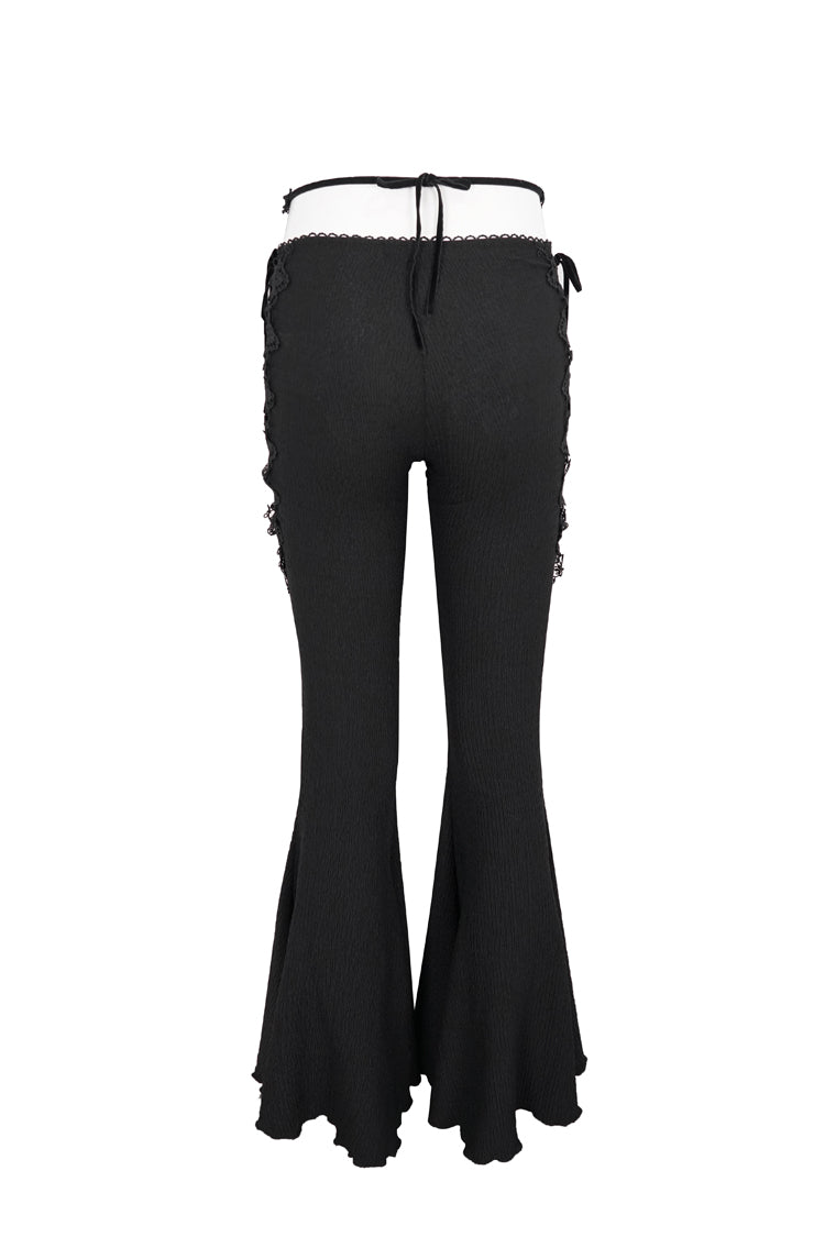 Black Low-Rise Lace Gem-Embellished Bilateral Lace-Up Cutout Flared Women's Gothic Pants - Product - 9