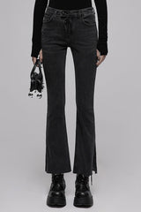 Black Tight Elastic Distressed Denim Asymmetrical Placket Medium Waist Women's Punk Flared Pants - Black - 1
