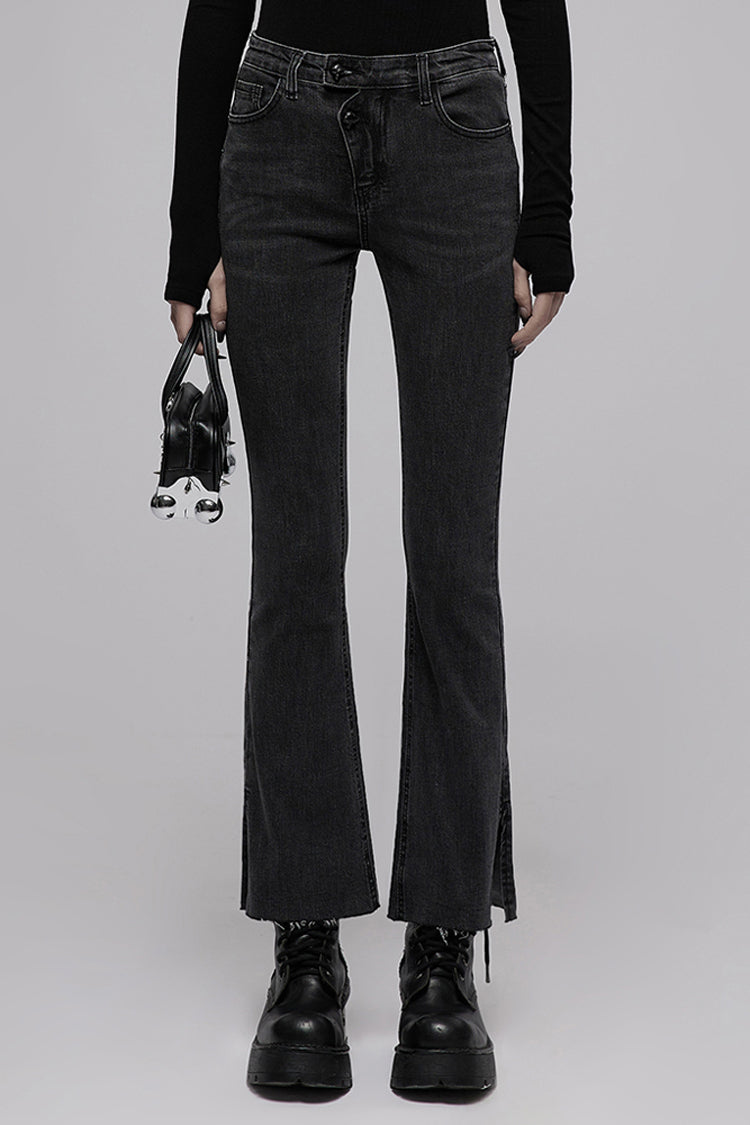 Black Tight Elastic Distressed Denim Asymmetrical Placket Medium Waist Women's Punk Flared Pants - Black - 1