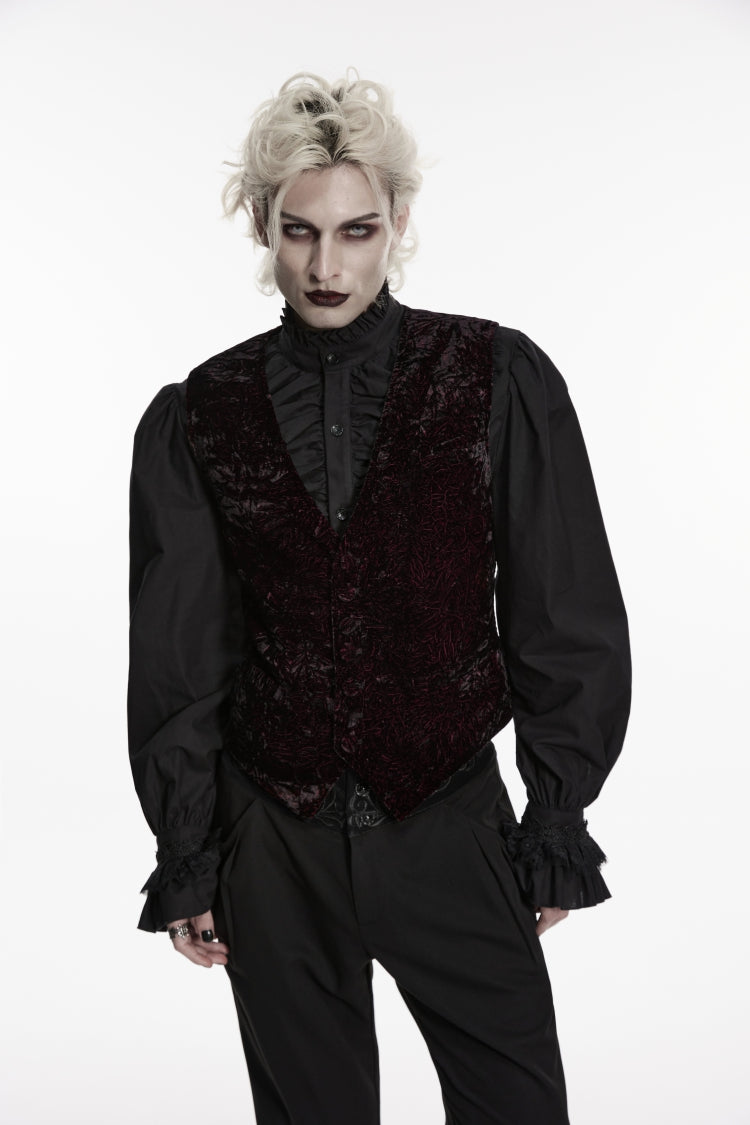 Black/Red V Collar Printed Slim Buckled Men's Gothic Retro Velvet Vest - Product - 7
