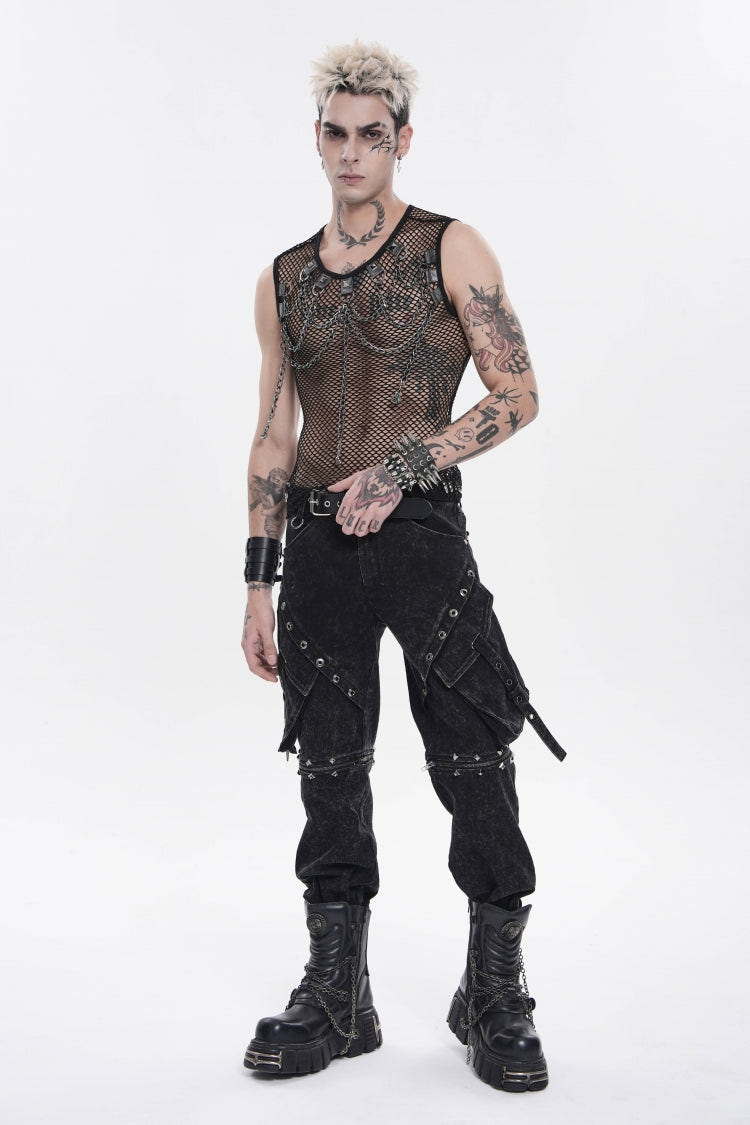 Black Round Collar Sleeveless Slim Sheer Mesh Studded Eyelet Men's Punk Handsome Vest - Product - 5