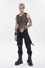 Black Round Collar Sleeveless Slim Sheer Mesh Studded Eyelet Men's Punk Handsome Vest - Product - 5