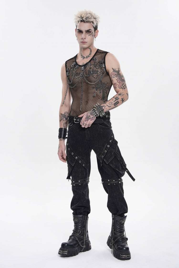 Black Round Collar Sleeveless Slim Sheer Mesh Studded Eyelet Men's Punk Handsome Vest - Product - 5