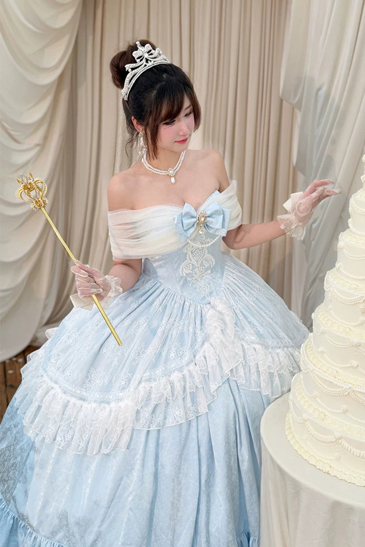 Blue [Midnight Magic at Twelve] Sleeveless Ruffled Hanayome Bow Lace Pearl-Decorated Princess Sweet Lolita Dress - Product - 9