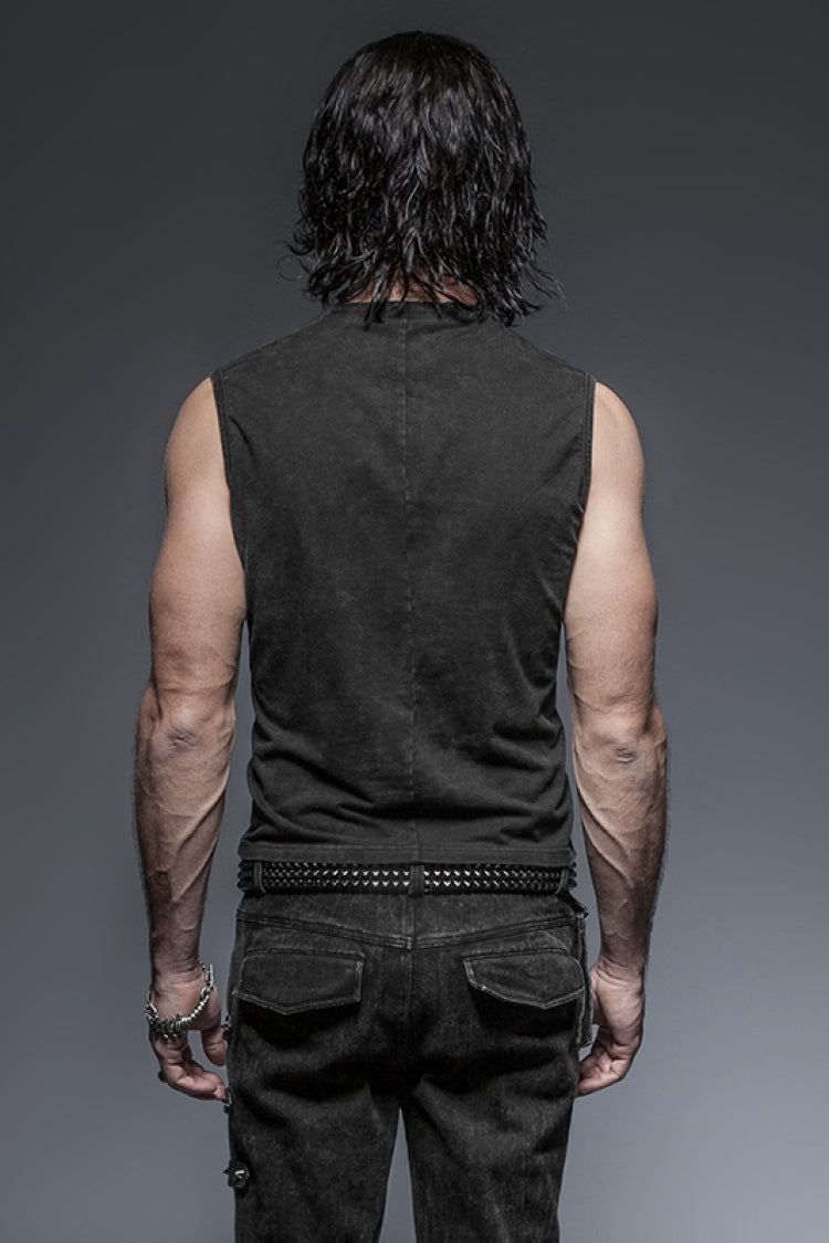 Black V Collar Sleeveless Metal Rings Cross Lace-Up Men's Steampunk Vest - Product - 3
