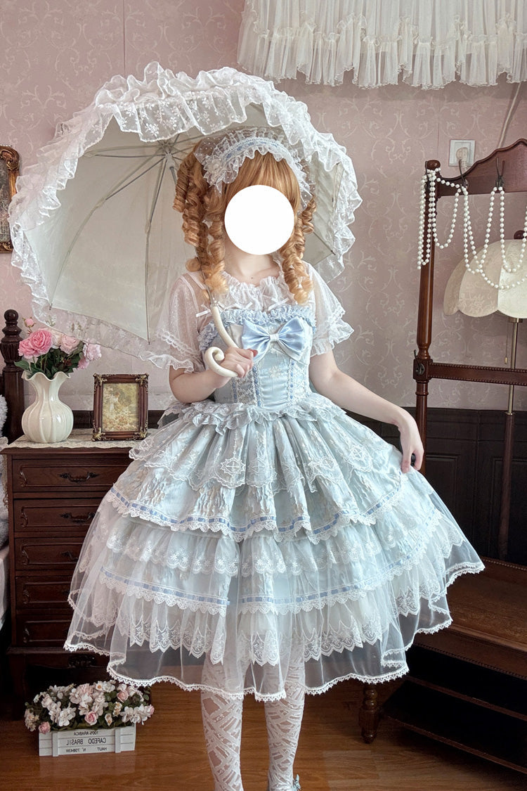 Blue [Moonlight Woven Flower Box] Square Collar Multi-Layered Ruffled Hanayome Embroidered Bow Lace Sweet Plus Size Lolita Jsk Dress Set - Product - 3