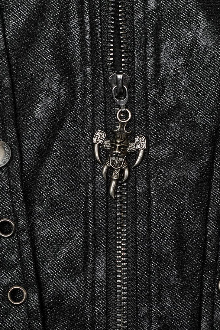 Black Crackled Mesh Hollow Stitching Hooded Mens Steampunk Coat - Product - 6