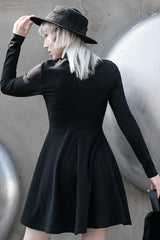 Black High Collar Front Chest Lace-Up Shoulder Hollow-Out Long Sleeve Women's Punk Dress - Product - 3