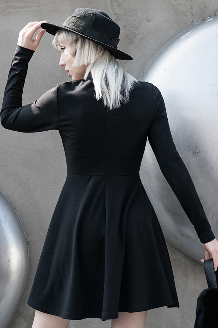 Black High Collar Front Chest Lace-Up Shoulder Hollow-Out Long Sleeve Women's Punk Dress - Product - 3