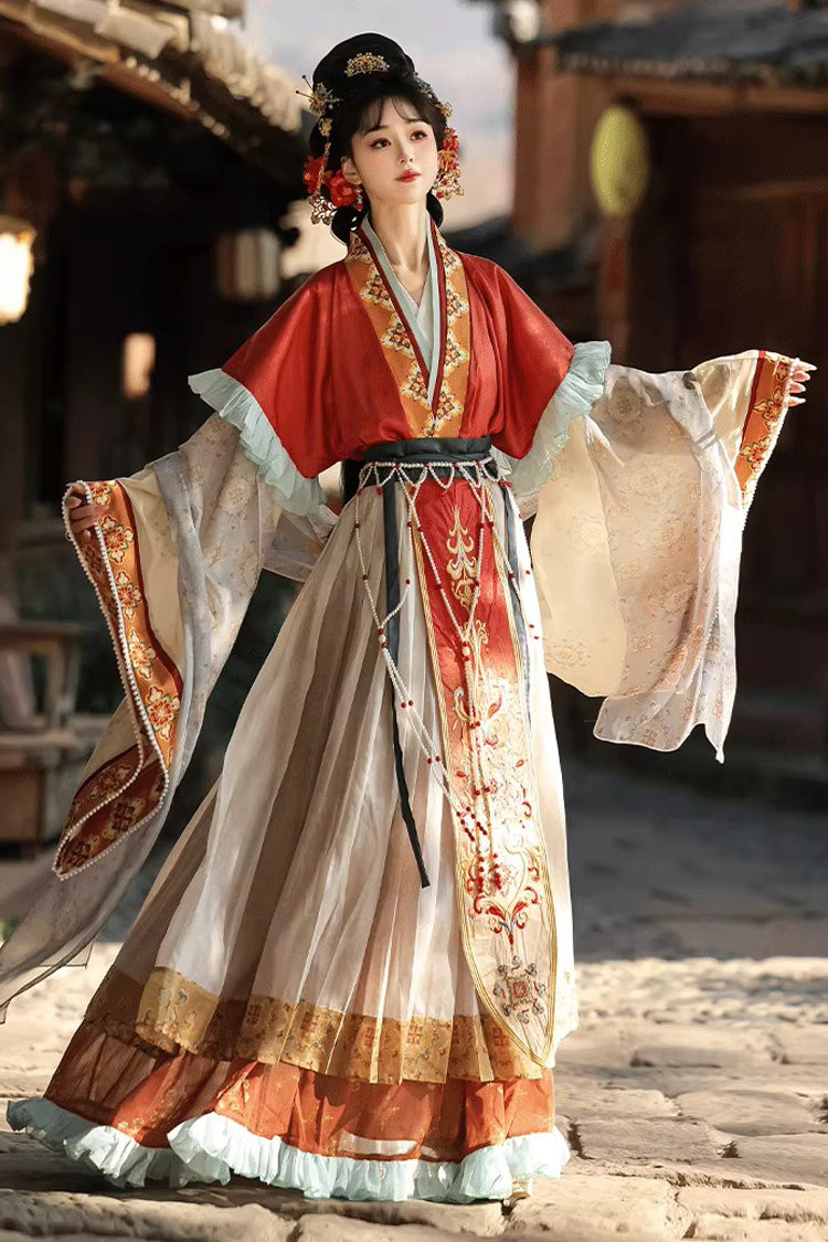 [Cloud-Clad Fairy] Long Sleeves Printed Ruffled Embroidered Classic Chinese Style Hanfu Dress Set 2 Colors - Orange-red - 1