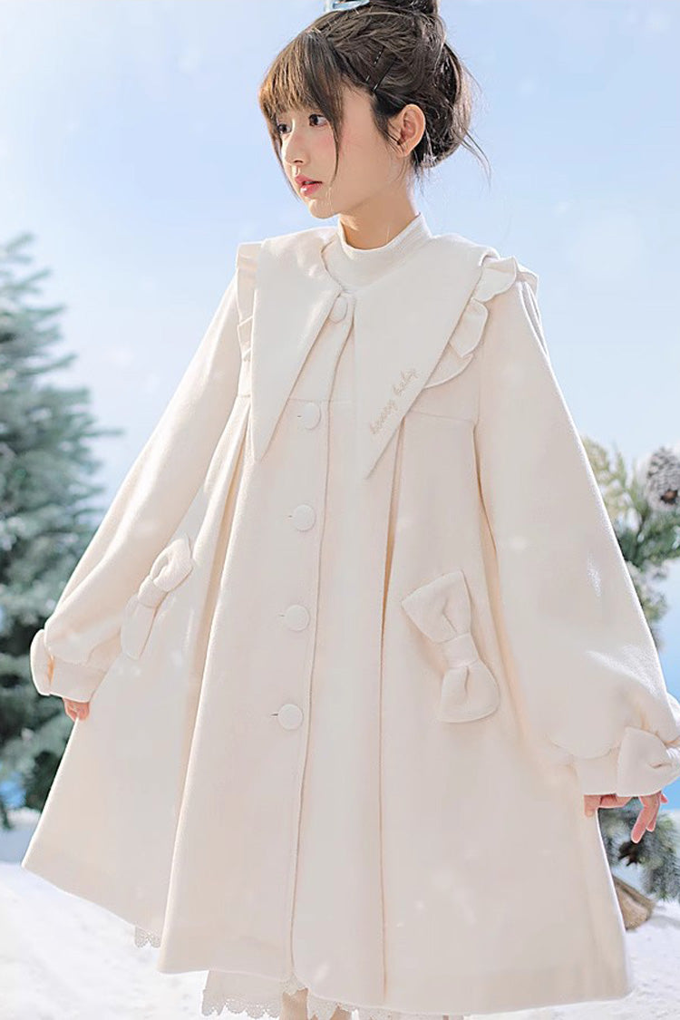 White Pointed Collar Long Sleeves Bowknot Sweet Lolita Coat - White - 1