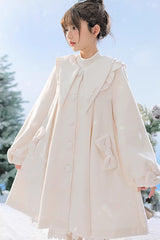 White Pointed Collar Long Sleeves Bowknot Sweet Lolita Coat - White - 1