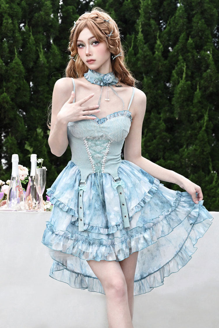 Blue [Mirrorless Dream] Double-Layered Tie-dyed Print Ruffle Bowknot Lace Train Sweet Lolita Jsk Dress - Product - 3