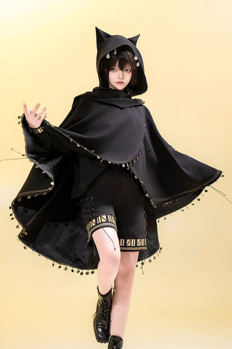 Black [Black Cat] Embroidery Cat Ears Hooded Ouji Gothic Prince Handsome Lolita Cloak - Product - 5