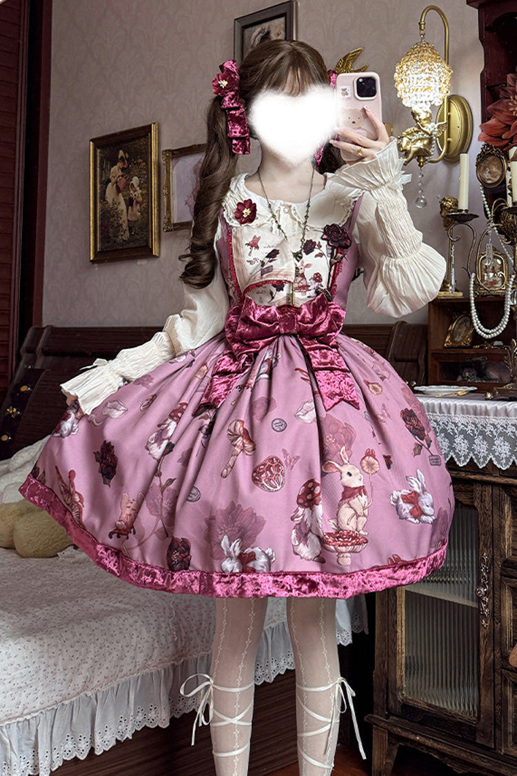Red Sleeveless Rabbit Sunflower Print Ruffle Embroidery Bowknot Sweet Lolita Jsk Dress Short Version - Product - 6