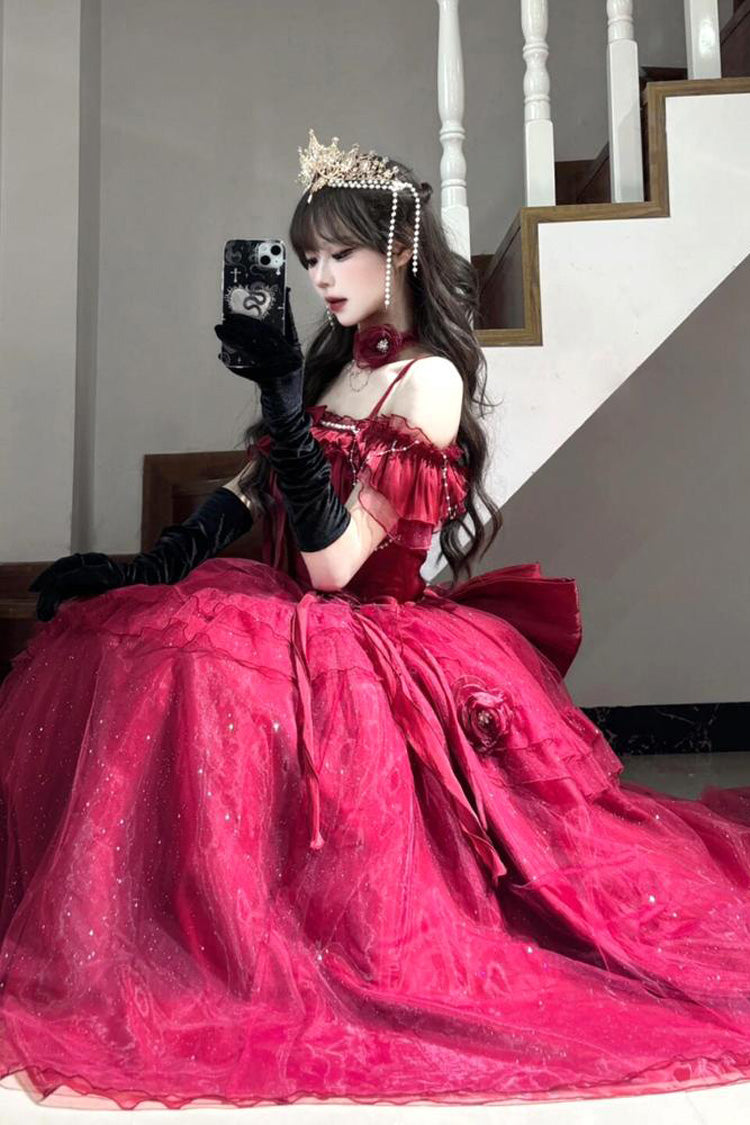 Red [Bright Stars] Off Shoulder Ruffle Bowknot Asymmetric Sweet Elegant Princess Lolita Dress - Product - 6