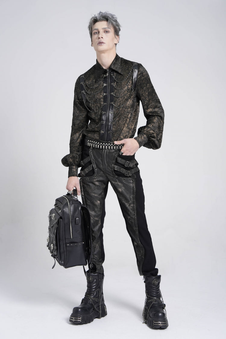 Black/Grey Faux Leather Stitching Buckle Men's Punk Pants - Product - 12