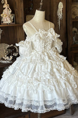 White [Spring Cherry Snowfall] Off Shoulder Short Sleeves Multi-Layered Ruffled Bow Sweet Lolita Jsk Dress - Product - 3