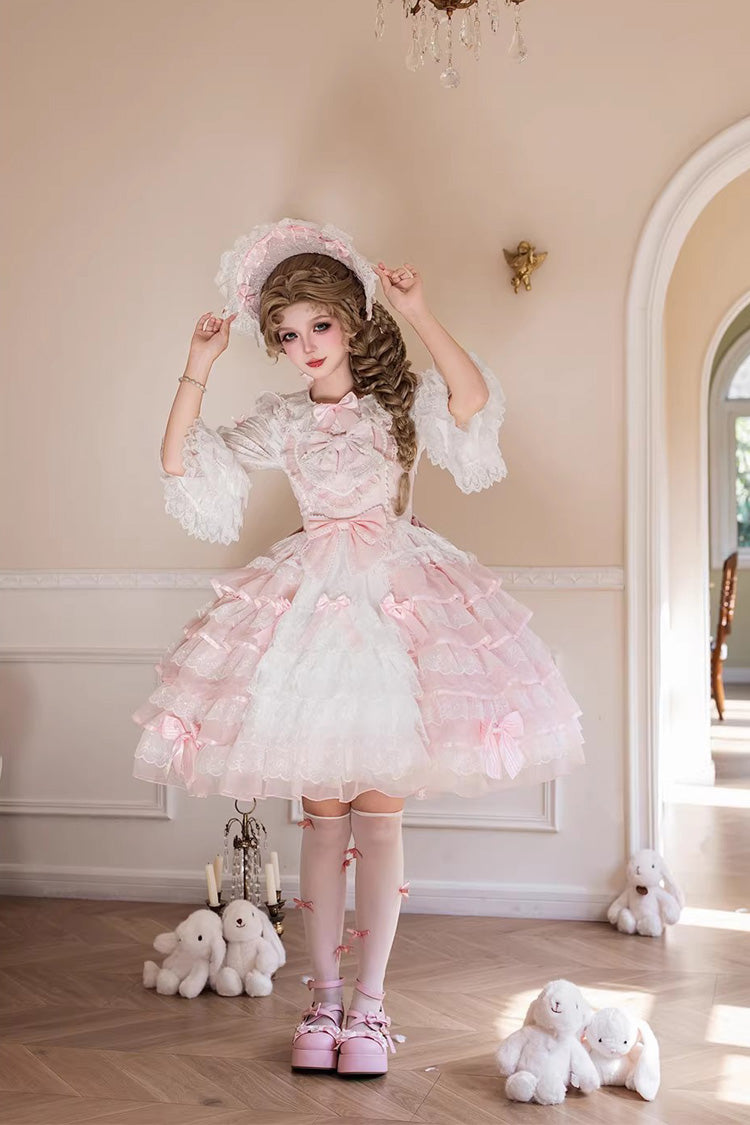 Pink [Cherry Blossom Letter] Sleeveless Multi-Layered Ruffled Embroidered Open-Front Bow Gorgeous Sweet Lolita Jsk Dress - Product - 5
