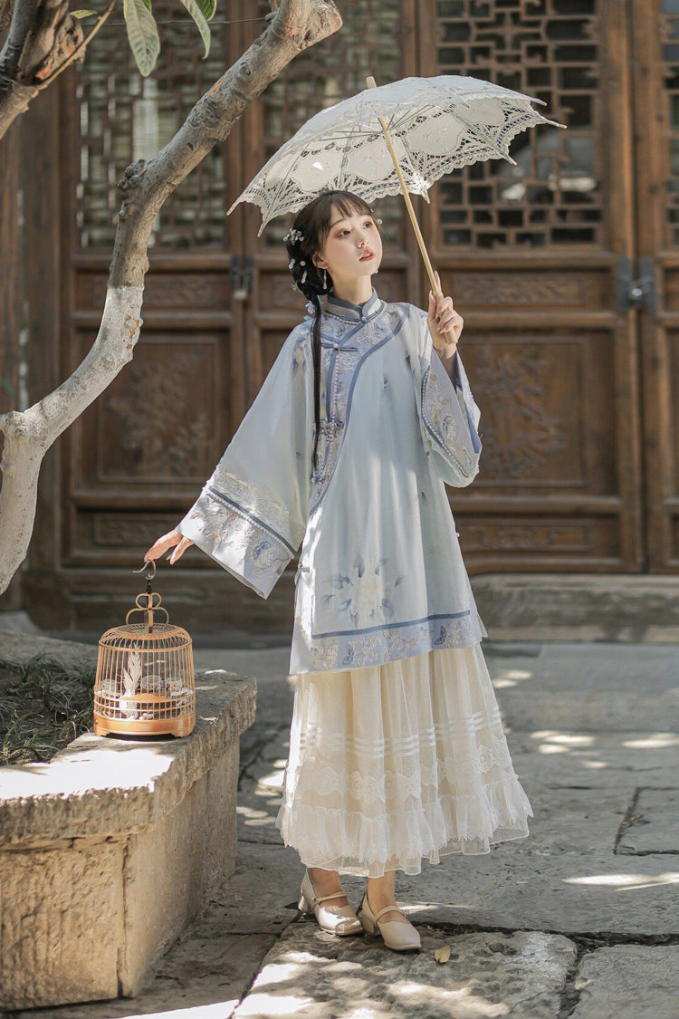 Blue [Flower Room] Stand Collar Long Sleeves High Waisted Printed Embroidered Women's Sweet Classic Hanfu Dress Set - Product - 4