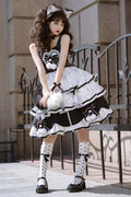 Black/White Cat Fist Triple-Layered Ruffle Bowknot Sweet (Dress Only) front view