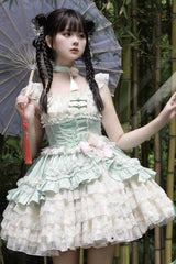 Ancient Poetry Print Multi-layer Ruffle Bowknot Lace Sweet Chinese Style Lolita Tiered Dress 2 Colors - Product - 2