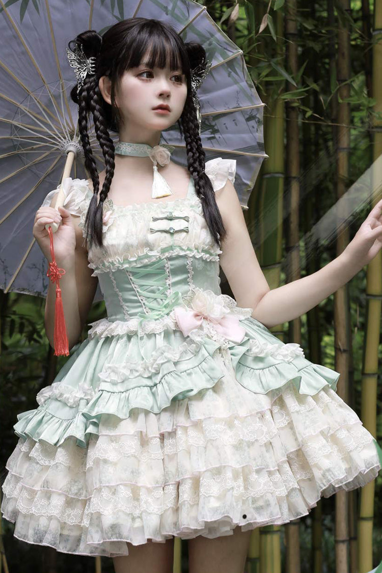 Ancient Poetry Print Multi-layer Ruffle Bowknot Lace Sweet Chinese Style Lolita Tiered Dress 2 Colors - Product - 2