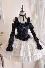 Black Top and Apricot Bowknot Sweet Princess Lolita Layered Skirt Dress - Product - 3