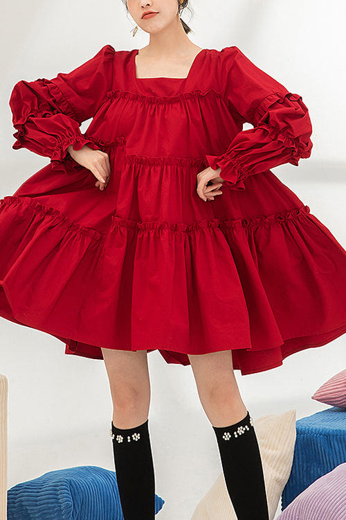 Red Square Neck Ruffled Long Sleeves Oversized High Waisted Sweet Lolita OP Dress - Red - 1