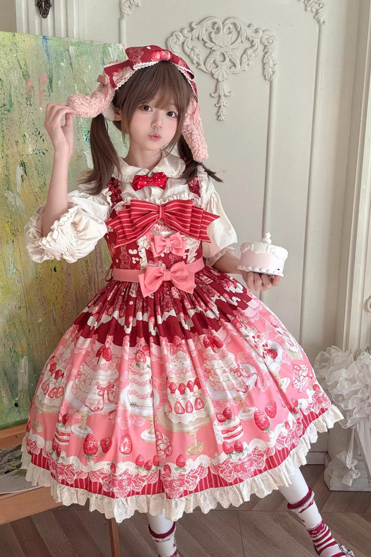 Red/Pink [Strawberry Cake] Printed Ruffled Bow Daily Sweet Lolita Jsk Dress - Red/Pink - 1