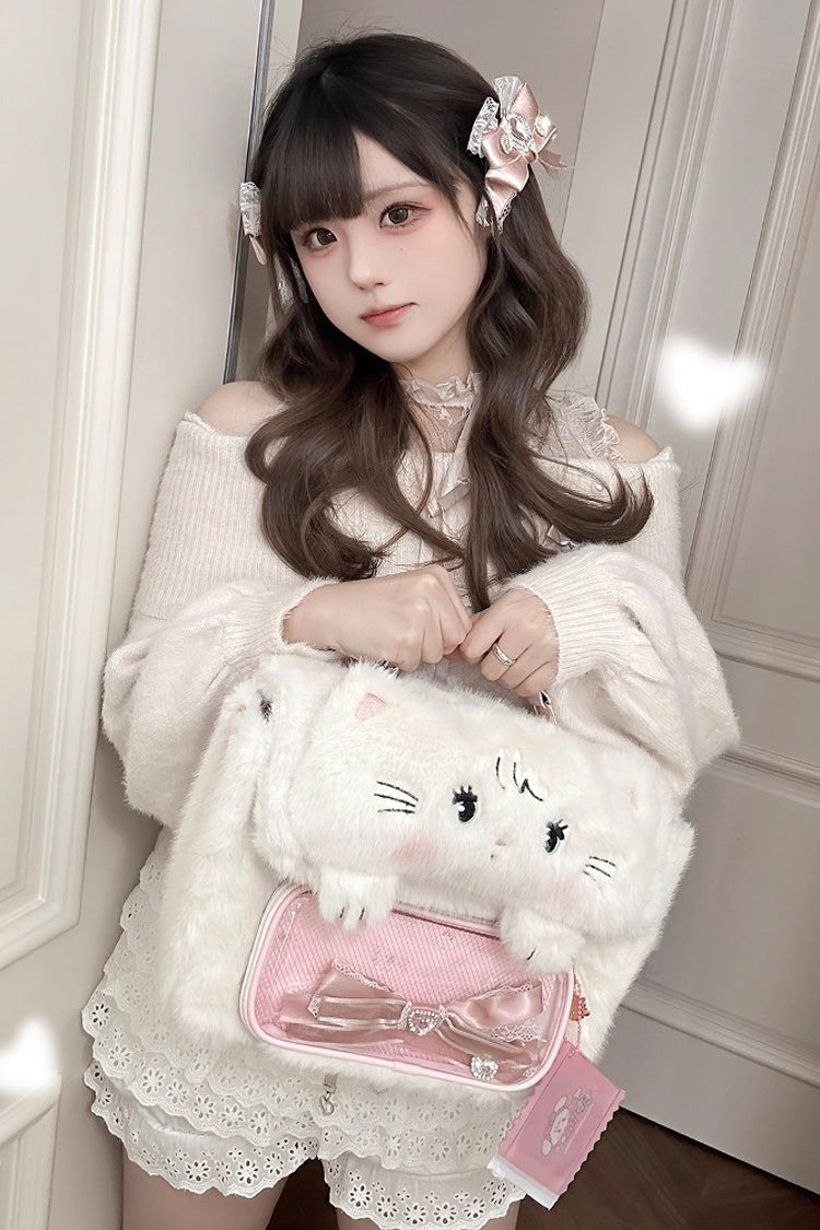 Sweet Cute Bowknot Japanese Bunny And Cat Plush Lolita Ita Bag 2 Colors - White - 2