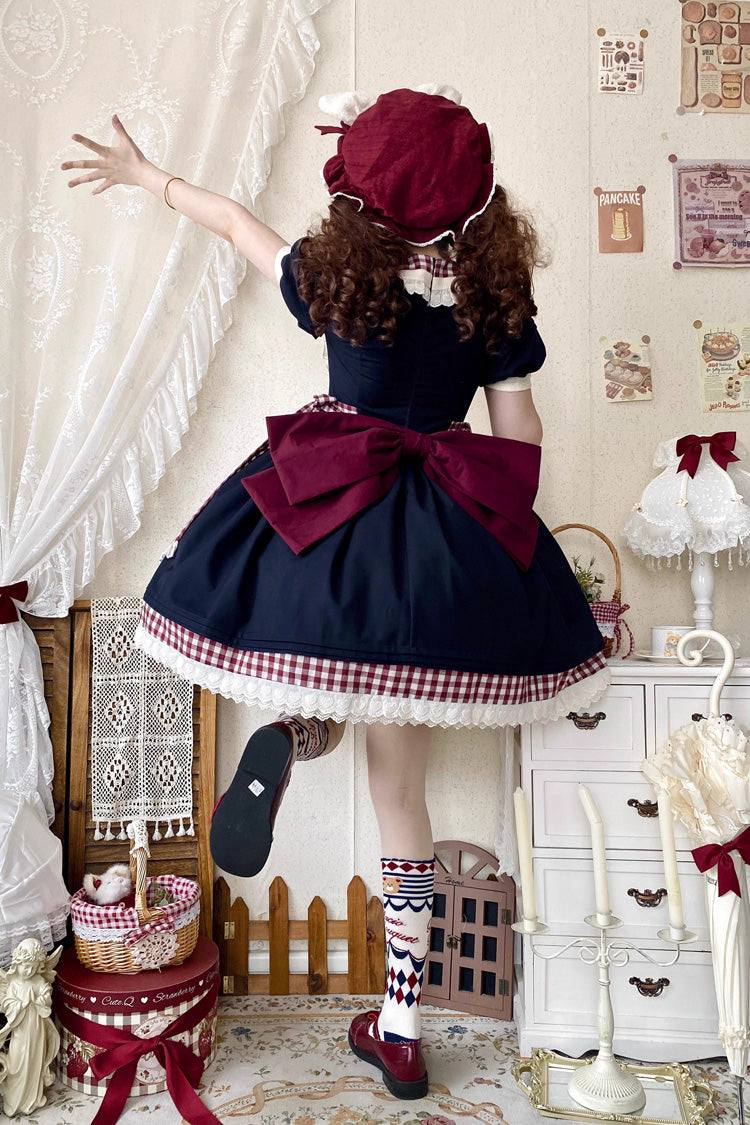 Blue/White [Alice's Picnic] Doll Collar Short Sleeves Printed Ruffled Sweet Lolita Dress - Product - 4