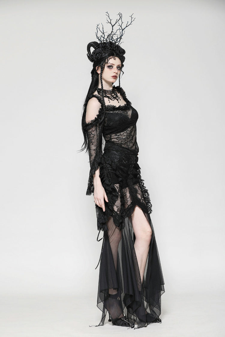 Black Off Shoulder Long Flare Sleeves Lace Women's Gothic Romantic Top - Product - 2