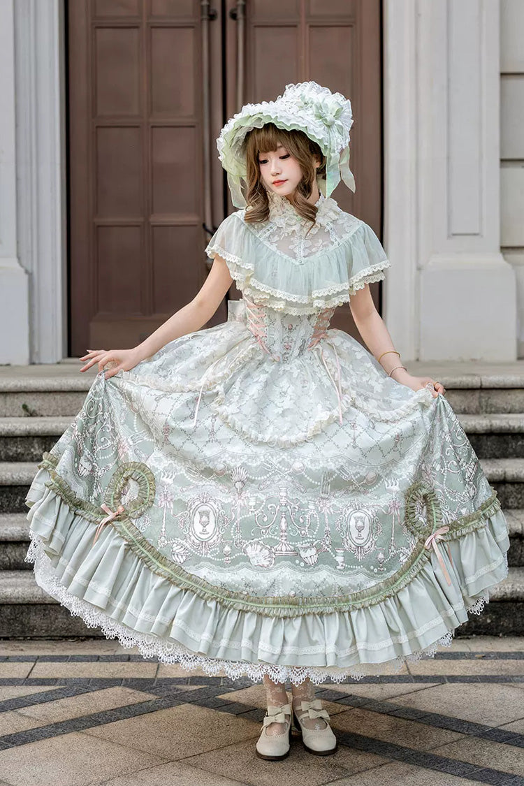 Spring Green [Cloudborne Prelude] Edwardian Collar Jacquard Printed Ruffled Bow Lace Fishbone Sweet Classic Lolita Dress - Product - 3