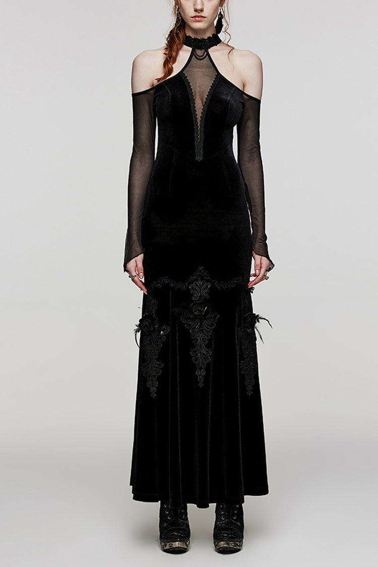 V Collar Off Shoulder Hollow Stitching Mesh Women's Gothic Dress 2 Colors - Black - 9