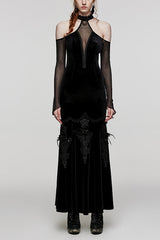 V Collar Off Shoulder Hollow Stitching Mesh Women's Gothic Dress 2 Colors - Black - 9