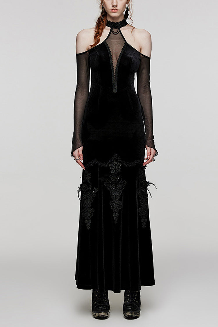 V Collar Off Shoulder Hollow Stitching Mesh Women's Gothic Dress 2 Colors - Black - 9