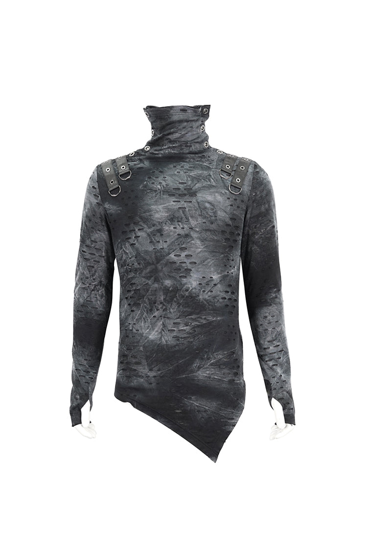 Grey/Black Lrregular Ripped Stand Collar Men's Punk Shirt - Product - 7