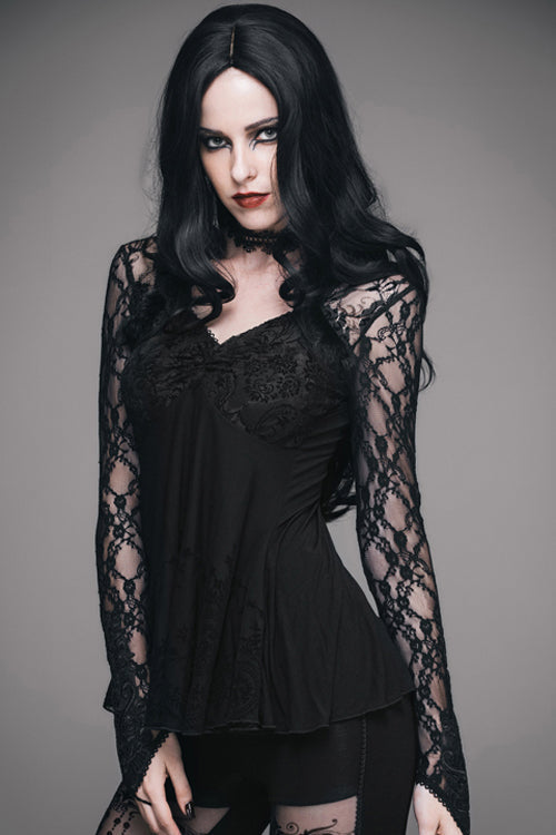 Black Sexy V Neck Mesh Long Sleeves Rose Lace Bottoming Women Gothic T-Shirt - Product - 2