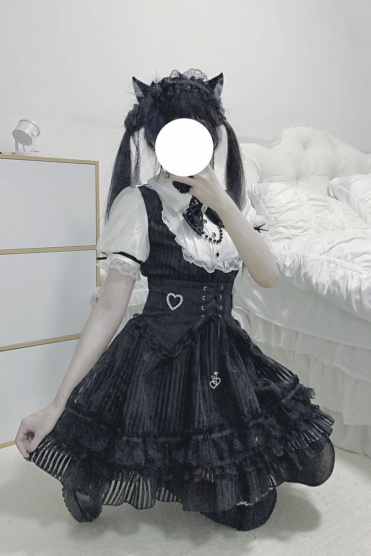 Black/White [Dream Night Song] Short Sleeves Stripe Print Bowknot Lace Gothic Jirai Kei Dress - Product - 2