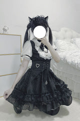 Black/White [Dream Night Song] Short Sleeves Stripe Print Bowknot Lace Gothic Jirai Kei Dress - Product - 2