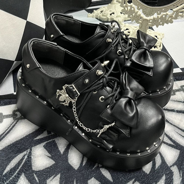 Spider Single-Strap Buckle Bow Round-Toe Punk Gothic Platform Shoes - Matte-Black - 2