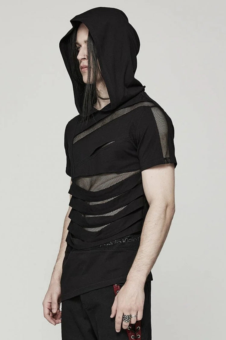 Black Short Sleeves Stitching Hooded Mesh Ripped Mens Steampunk T-Shirt - Product - 2
