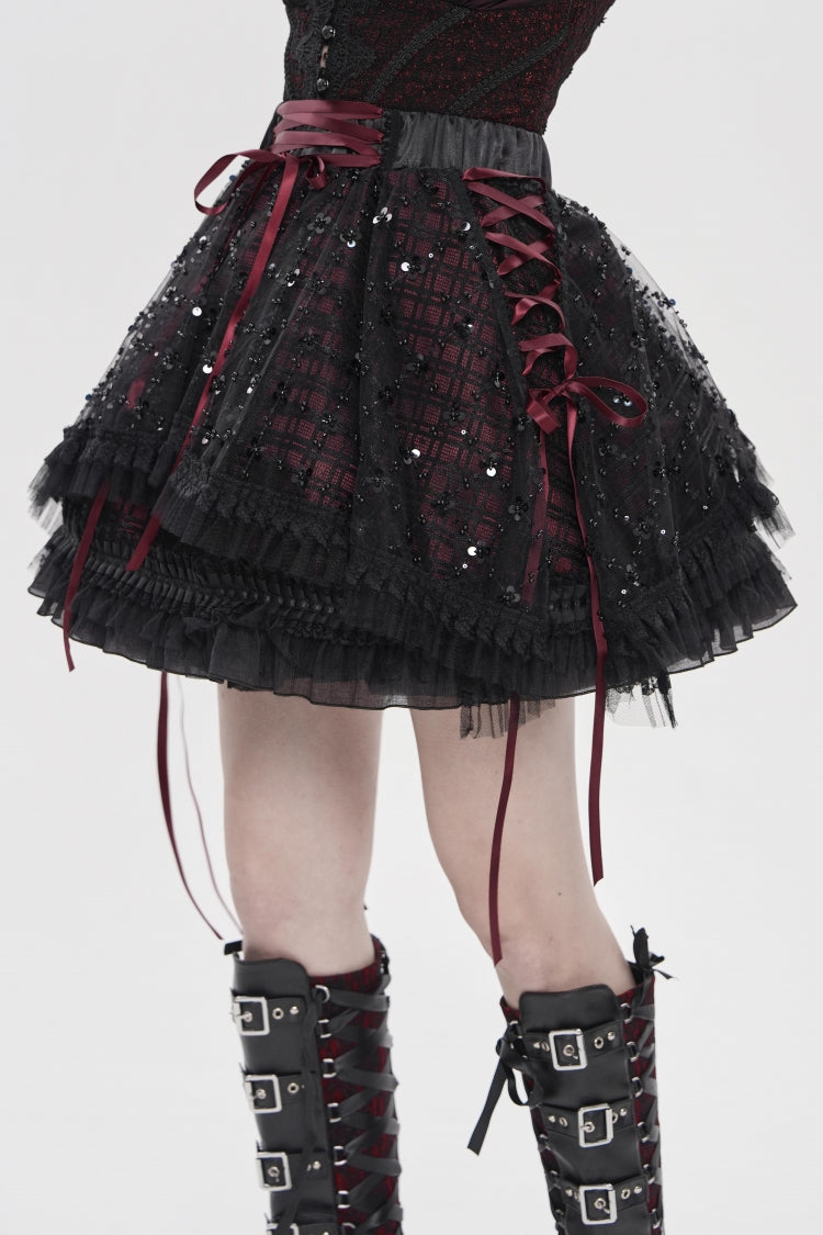 Black/Red Multi-Layered Lace Lace-Up Women's Gothic Skirt - Product - 7